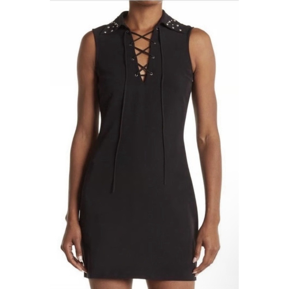 Jeremy Scott Size 6‎ Moto Mini Black Tie Up Front Studded Designer Dress NEW